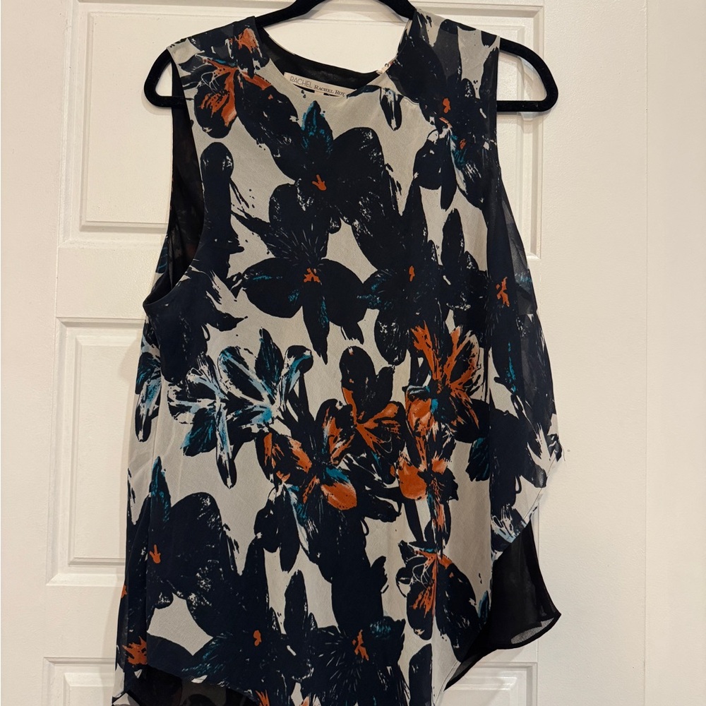 RACHEL Rachel Roy Black Floral Sleeveless Blouse with Orange & Teal Accents